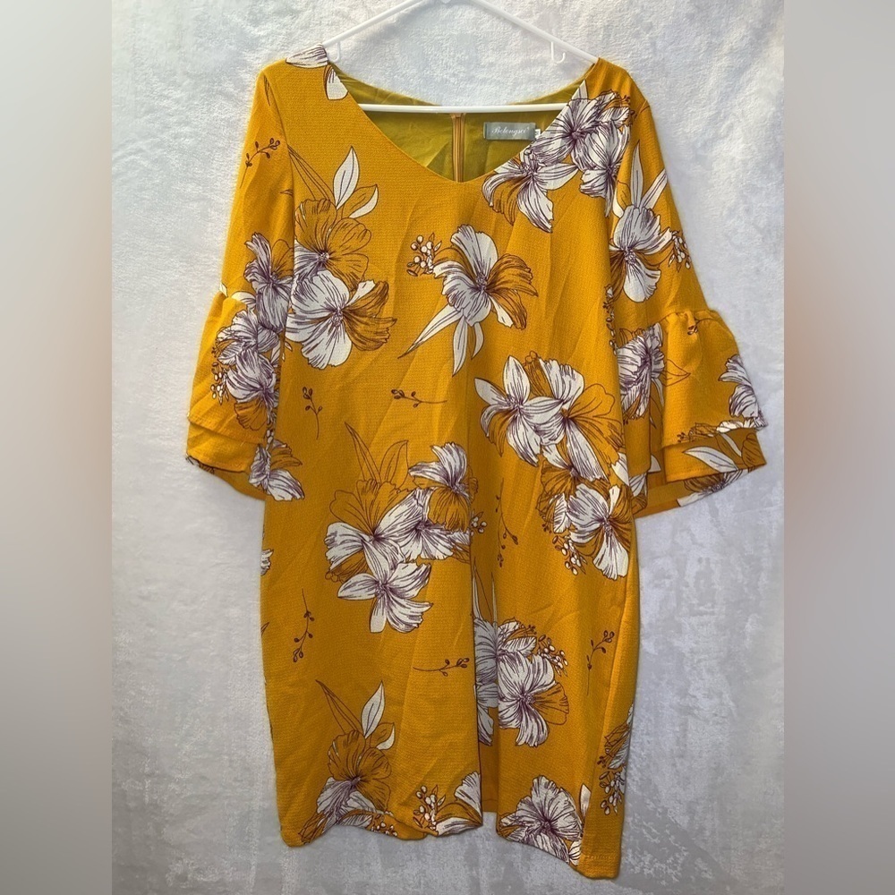 Belongsci Yellow Floral Print Bell Sleeve Shift Dress size medium